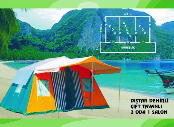 Dıştan Demirli Çift Tavanlı 2 Oda 1 Salon Kamp Çadırı